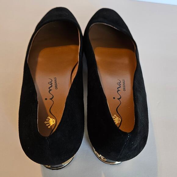 Nina Originals Black Velvet Pumps Gold Elephant Heel Detail Women's 9 Party Glam - Picture 5 of 12